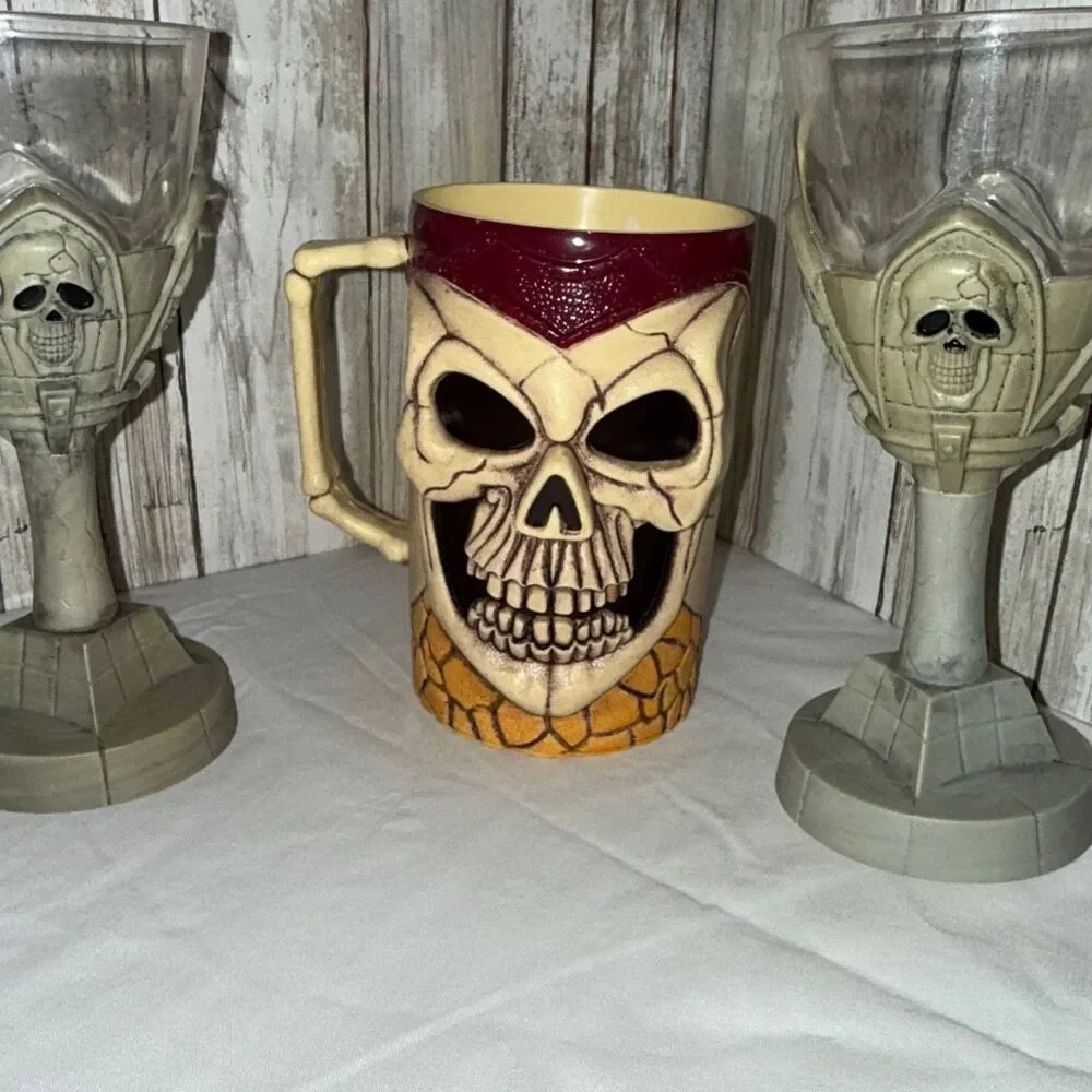 Gothic Skull Mug & Chalice Set | Halloween Pirate Drinkware Trio | Resin & Ceram